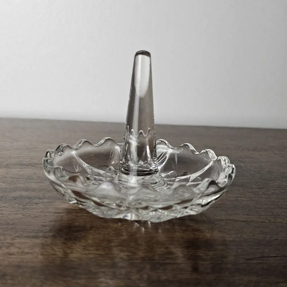 Vintage Clear Glass Ring Holder Starburst Diamond Design Trinket Dish